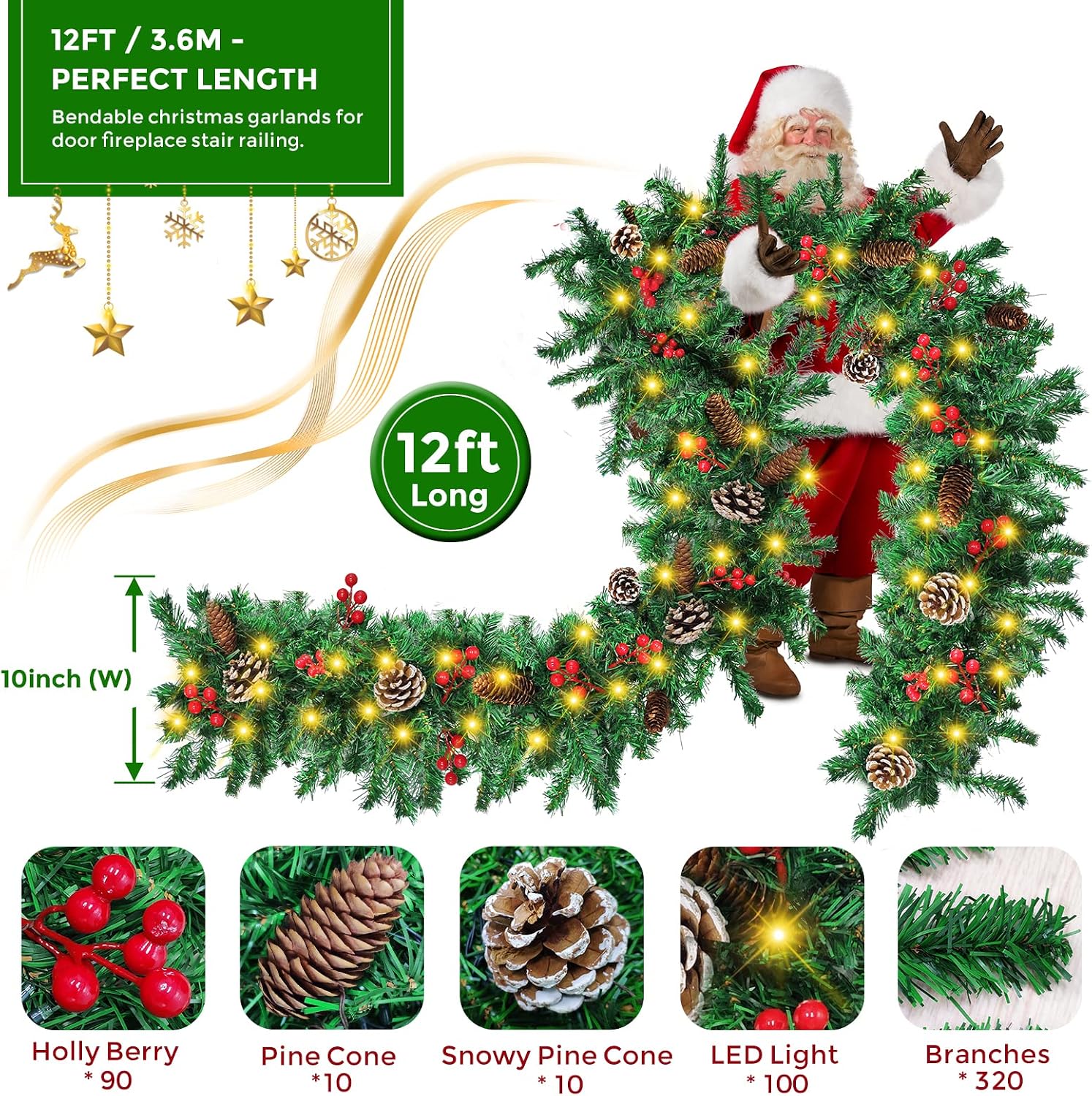 12FT Prelit Christmas Garland, - đánh giá và giá Xmas Outdoor Lighting Decorations